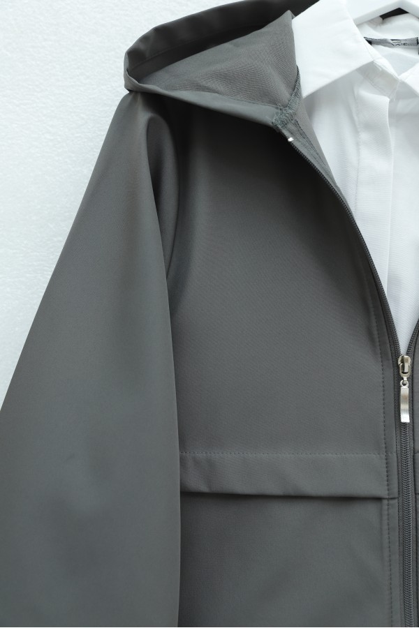 Long Zippered Hooded Raincoat   -Smoked 