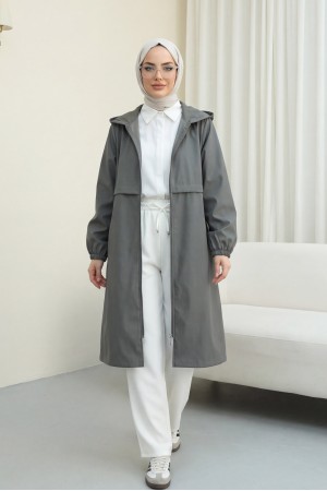 Boydan Fermuarlı Kapşonlu Uzun Yağmurluk   -Füme