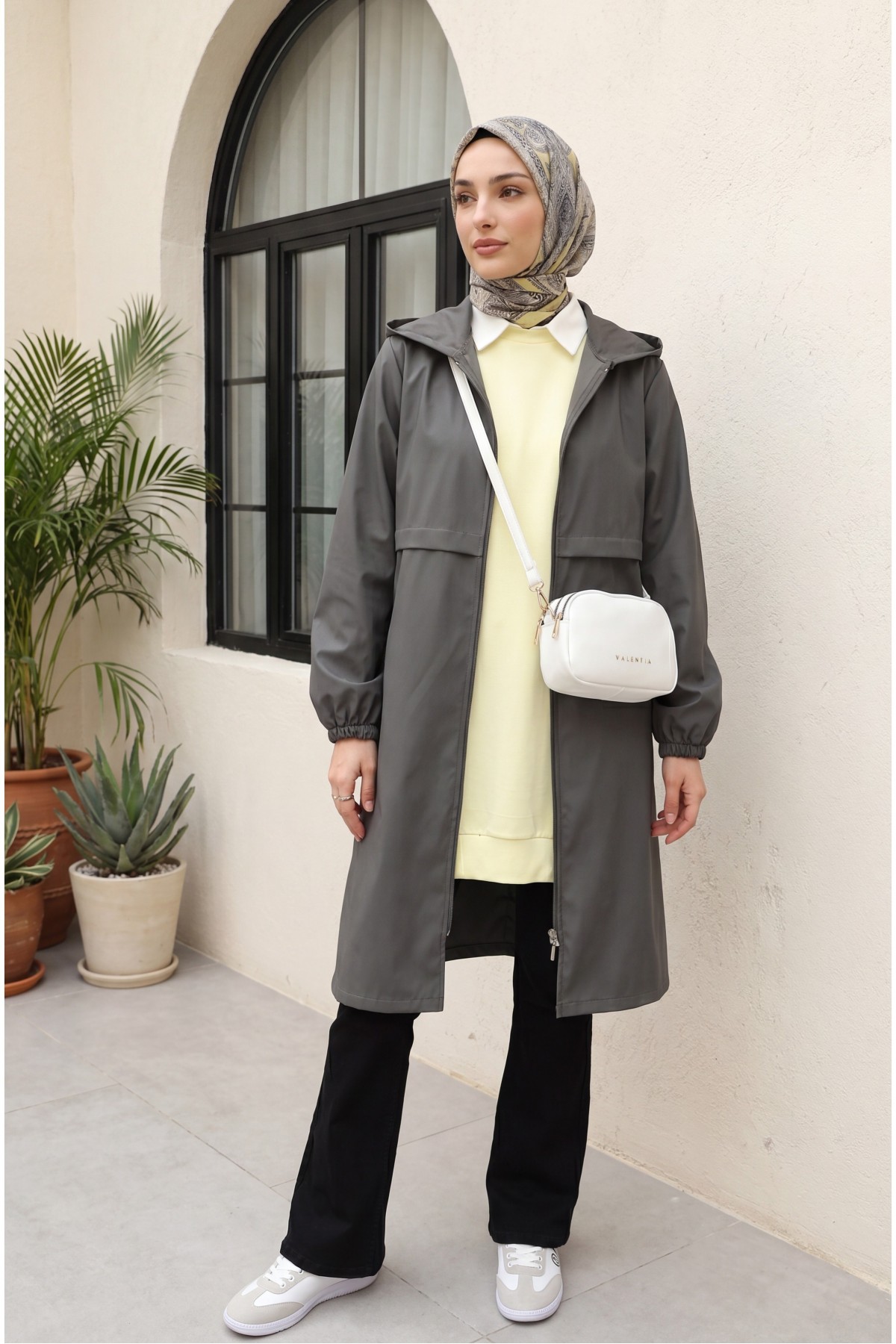 Long Zippered Hooded Raincoat   -Smoked 