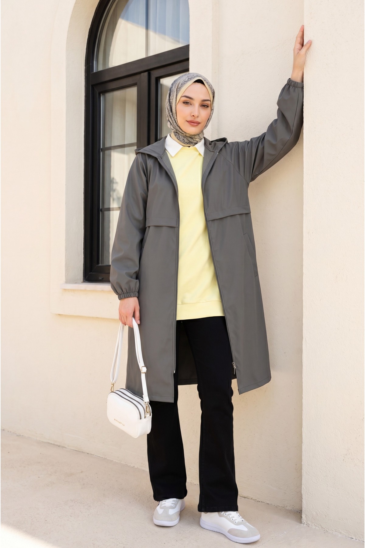 Long Zippered Hooded Raincoat   -Smoked 