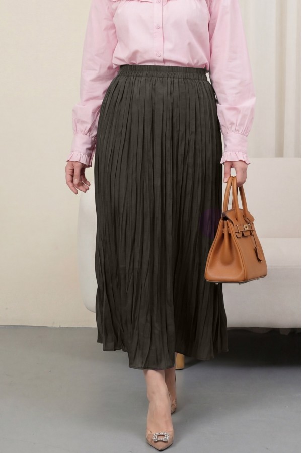 Elastic Waist Flared Skirt   -Dark Coffee