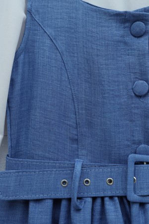 Button Up Dress with Ruffled Waist Belt    -İndigo