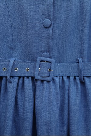 Button Up Dress with Ruffled Waist Belt    -İndigo