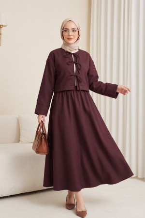 بدلة كتان بخصر مطاطي وتنورة برباط         -الأرجواني الداكن