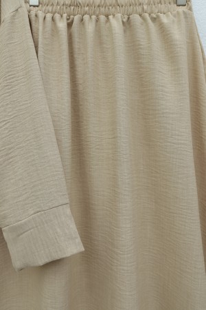 Önü Bağcıklı Beli Lastikli Etekli Keten Takım         -Vizon