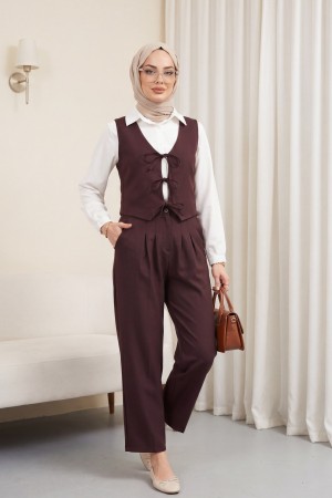 Önü Bağlamalı Yelek Pantolon İkili Takım    -K. Bordo