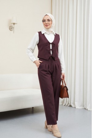 Önü Bağlamalı Yelek Pantolon İkili Takım    -K. Bordo
