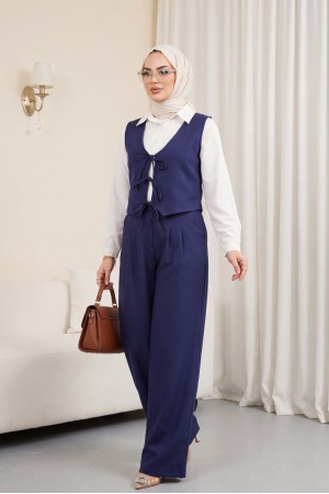 Önü Bağlamalı Yelek Pantolon İkili Takım    -Lacivert