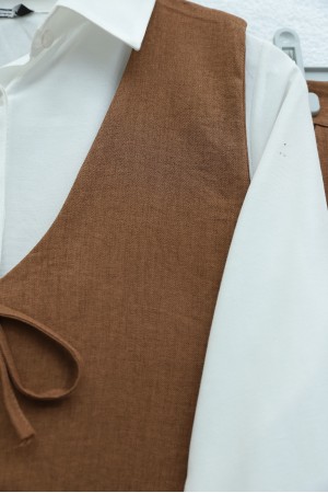 Önü Bağlamalı Yelek Pantolon İkili Takım    -Taba