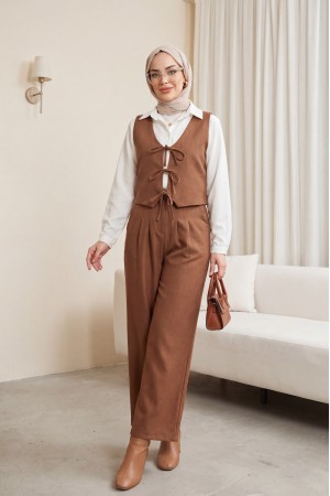 Önü Bağlamalı Yelek Pantolon İkili Takım    -Taba