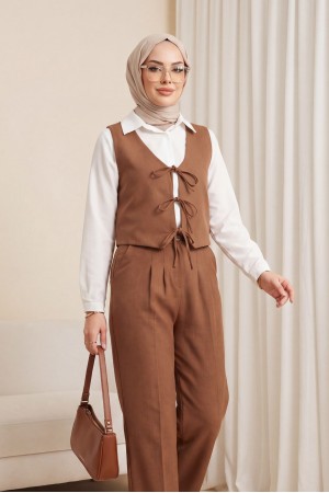 Önü Bağlamalı Yelek Pantolon İkili Takım    -Taba