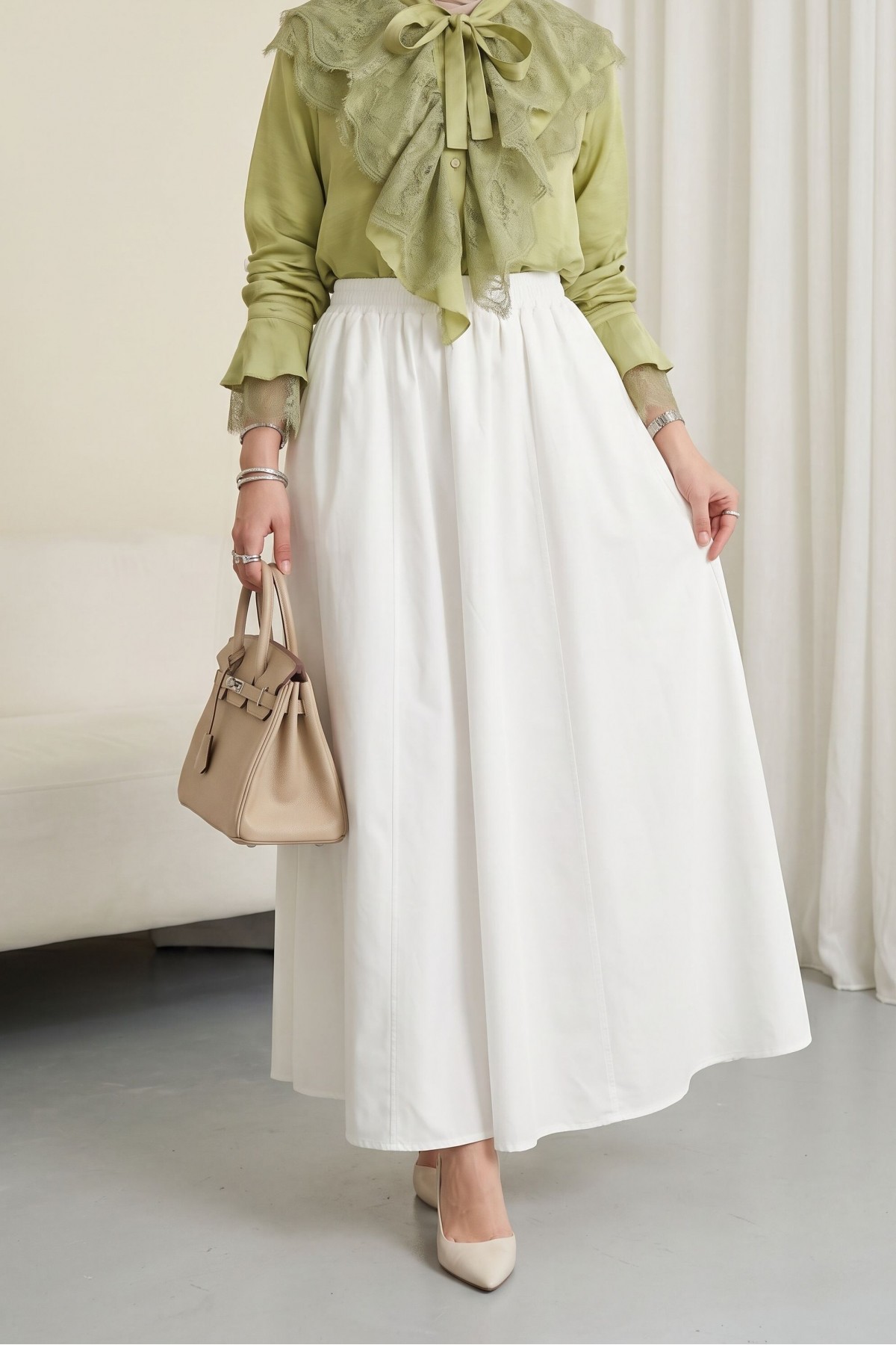 Elastic Waist Parachute Skirt with Pockets   -White