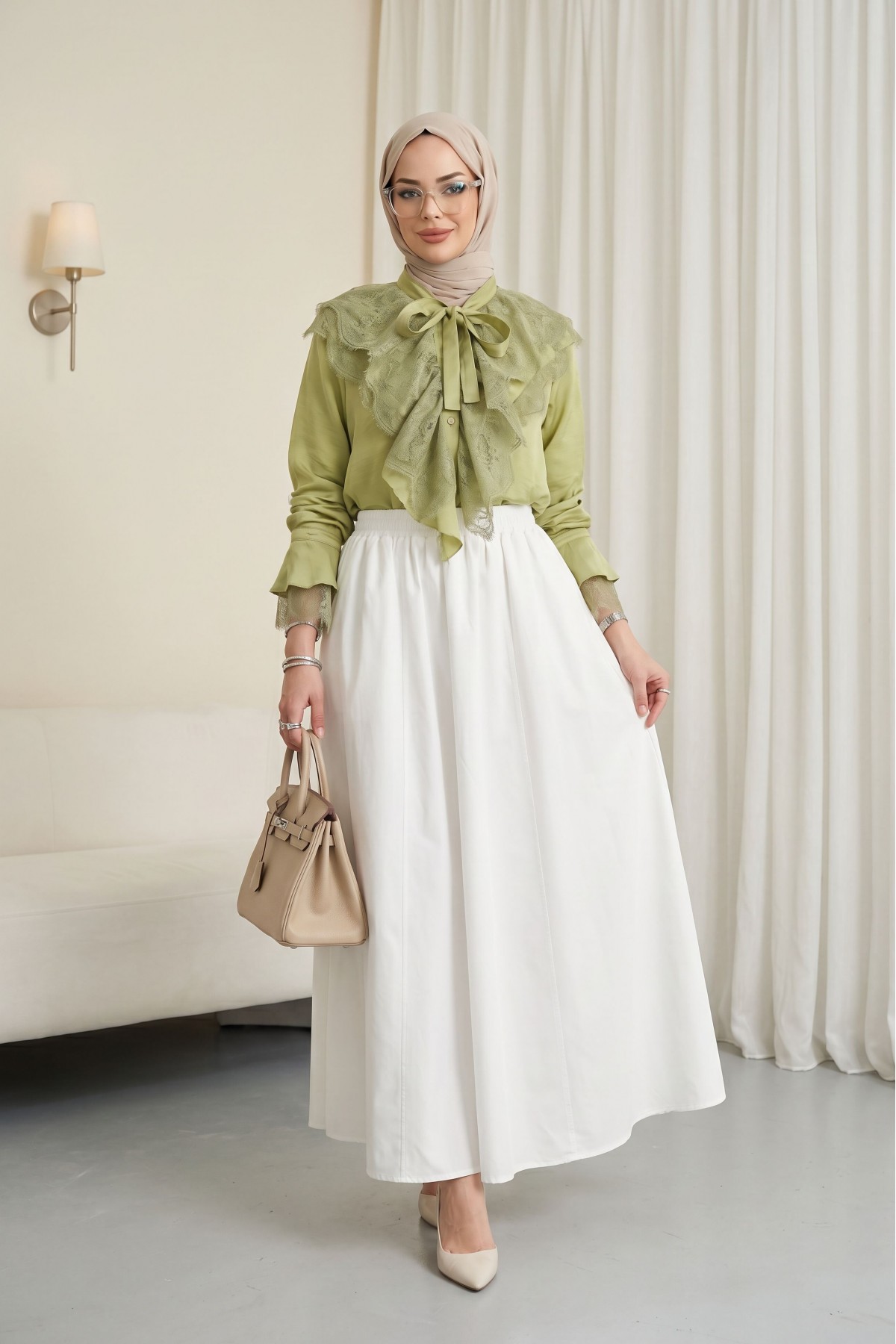 Elastic Waist Parachute Skirt with Pockets   -White