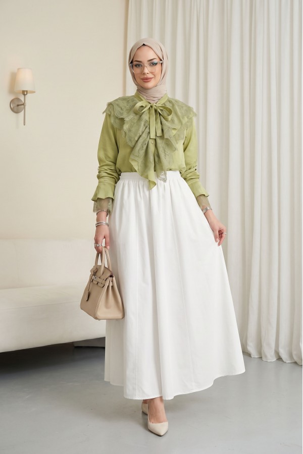 Elastic Waist Parachute Skirt with Pockets   -White