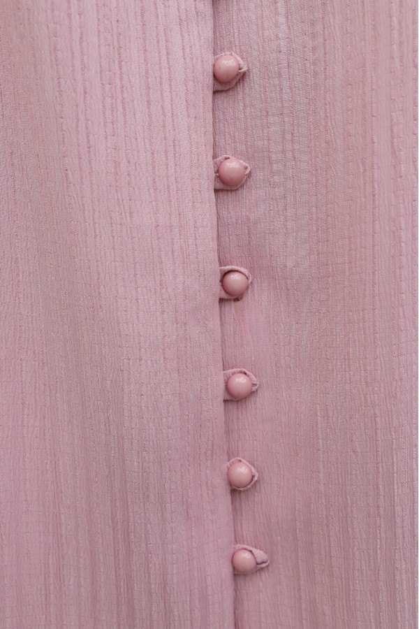 Top Düğmeli V Yaka Jakarlı Krinkıl Tunik  -Pembe