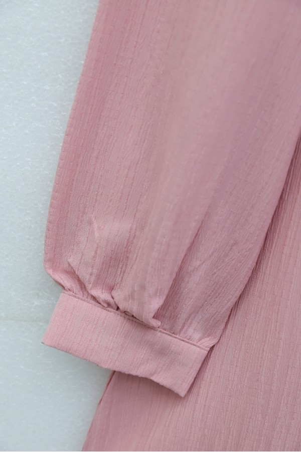 Top Düğmeli V Yaka Jakarlı Krinkıl Tunik  -Pembe