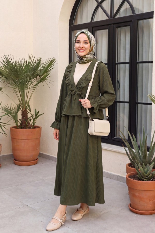 Kimono Suit with Ruffled Collar and Tied Front Skirt  -Khaki