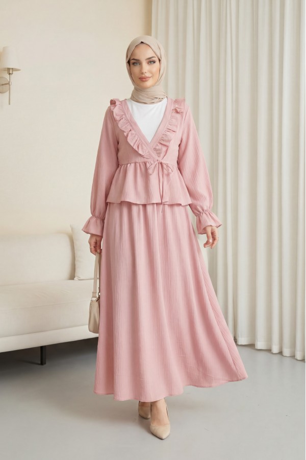 Yakası Fırfırlı Önü Bağlamalı Etekli Kimono Takım   -Pembe