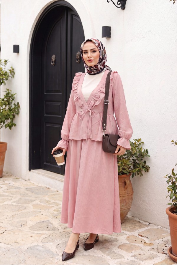 Kimono Suit with Ruffled Collar and Tied Front Skirt  -Pink
