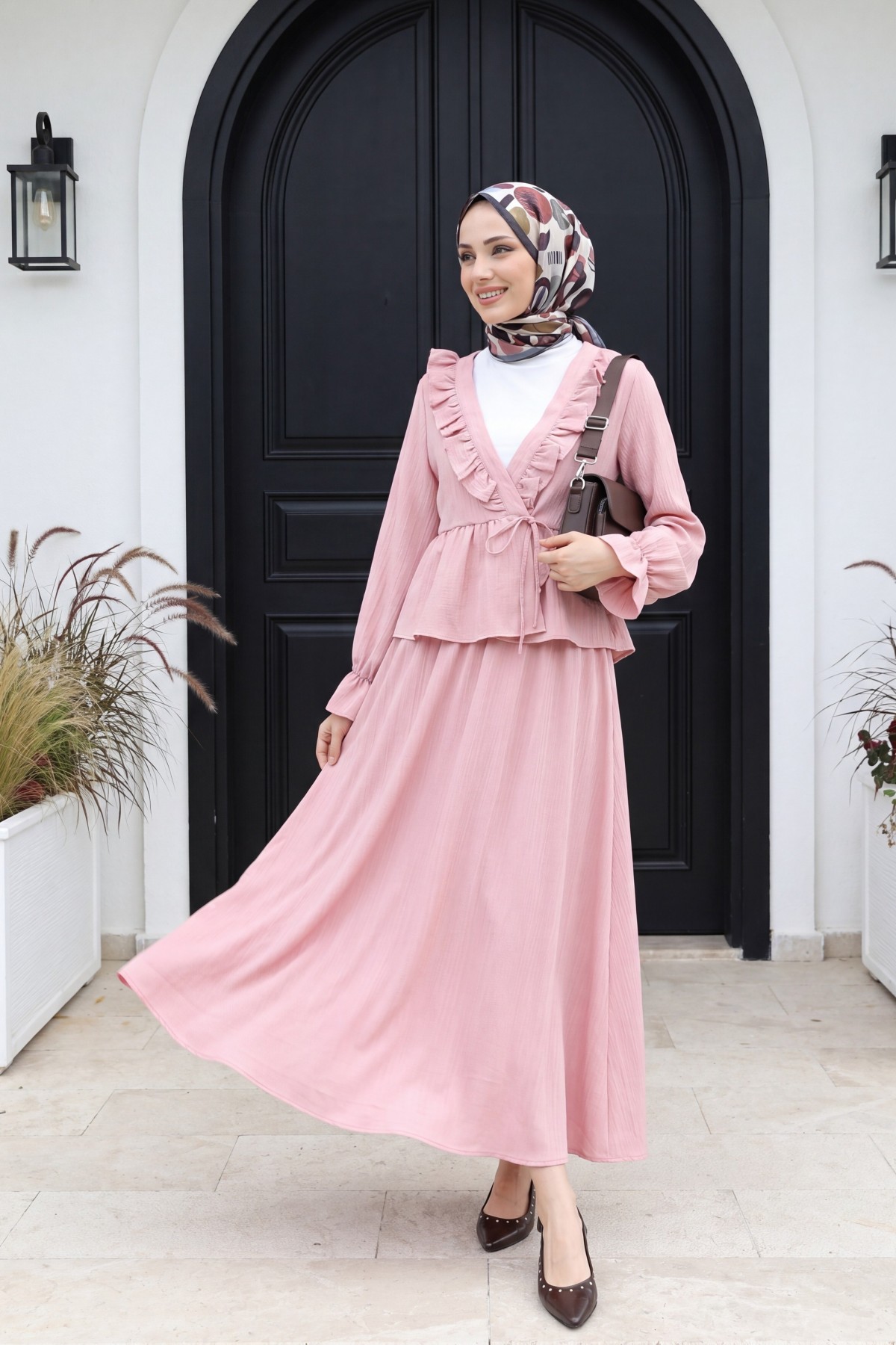 Kimono Suit with Ruffled Collar and Tied Front Skirt  -Pink