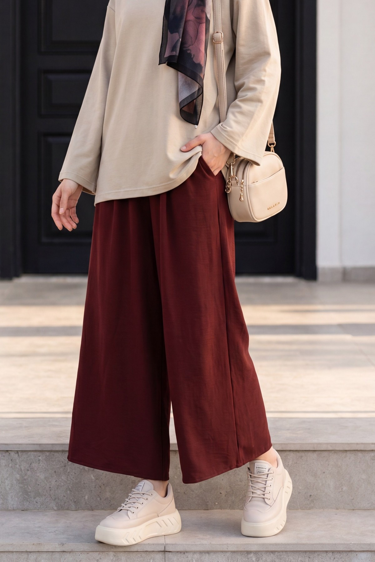 Modal Skirt Pants with Elastic Waist and Pockets -Maroon