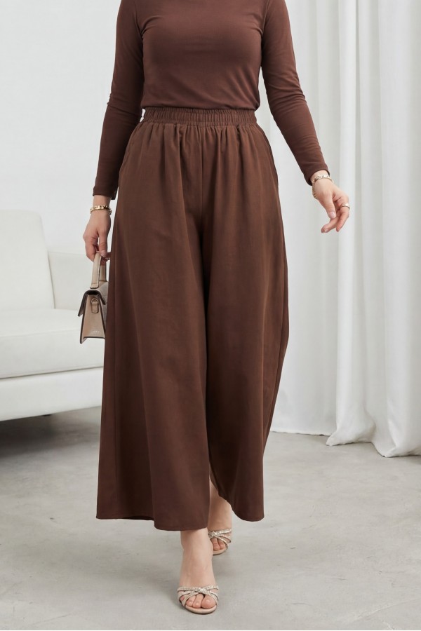 Modal Skirt Pants with Elastic Waist and Pockets -Brown