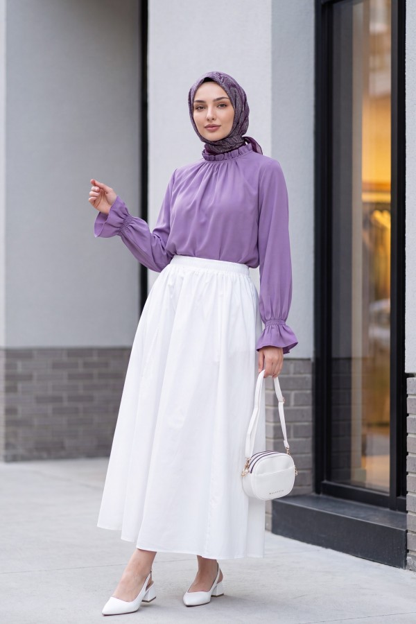 Elasticated Waist, Lined, Pocketed Parachute Skirt -White