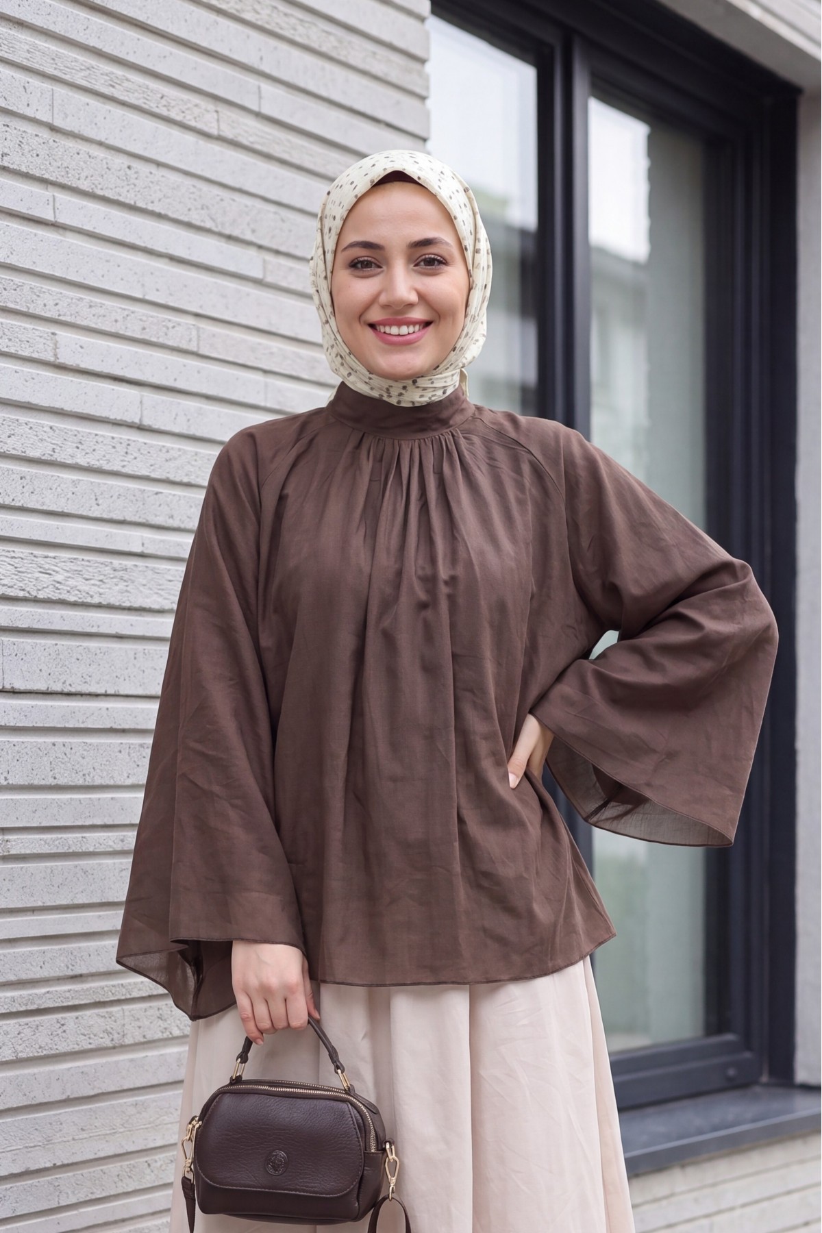 Mandarin Collar, Spanish Sleeve, Lined Voile Blouse -Brown