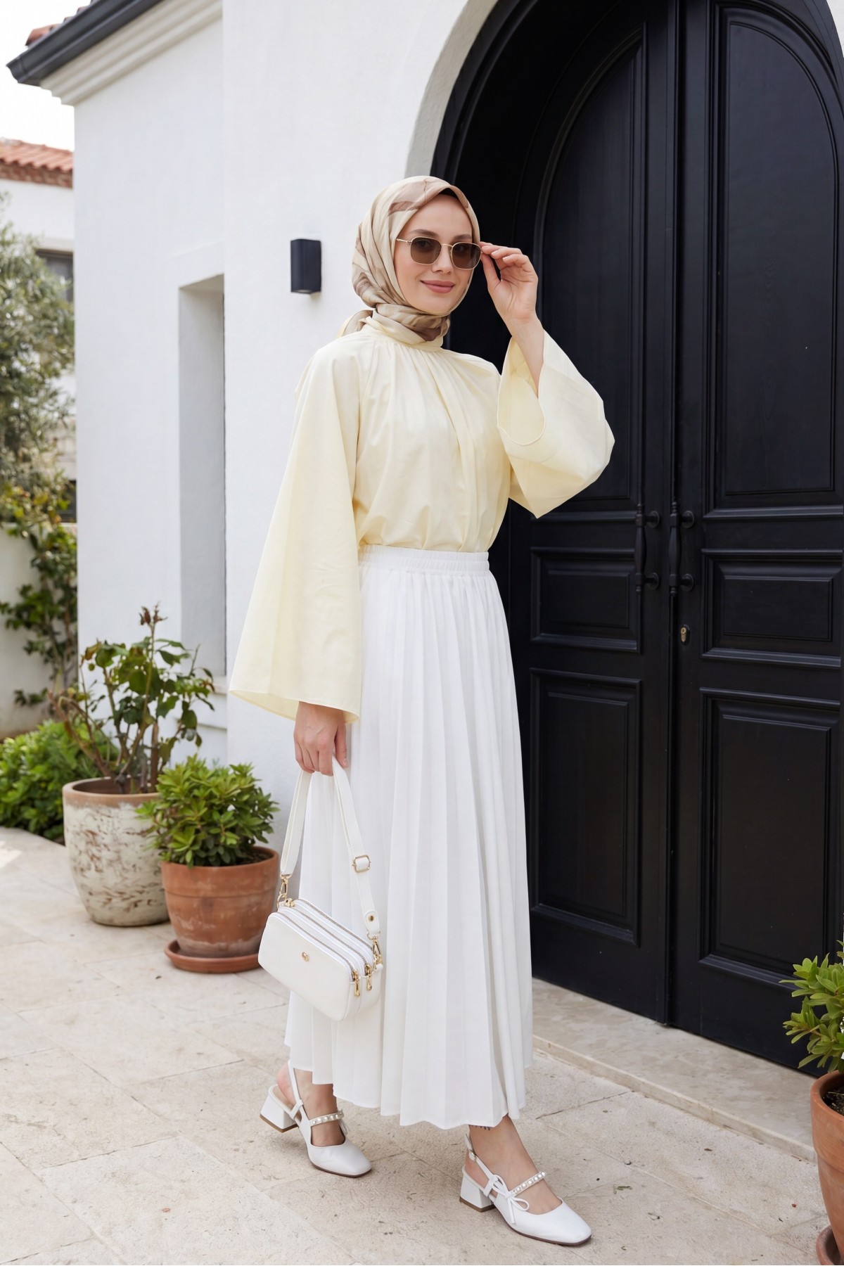 Mandarin Collar, Spanish Sleeve, Lined Voile Blouse  -Light yellow