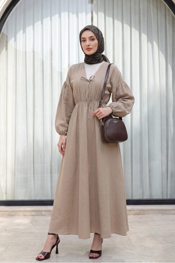 Muslin Dress with Elasticated Waist and Sleeves, Tied Collar     -Mink color