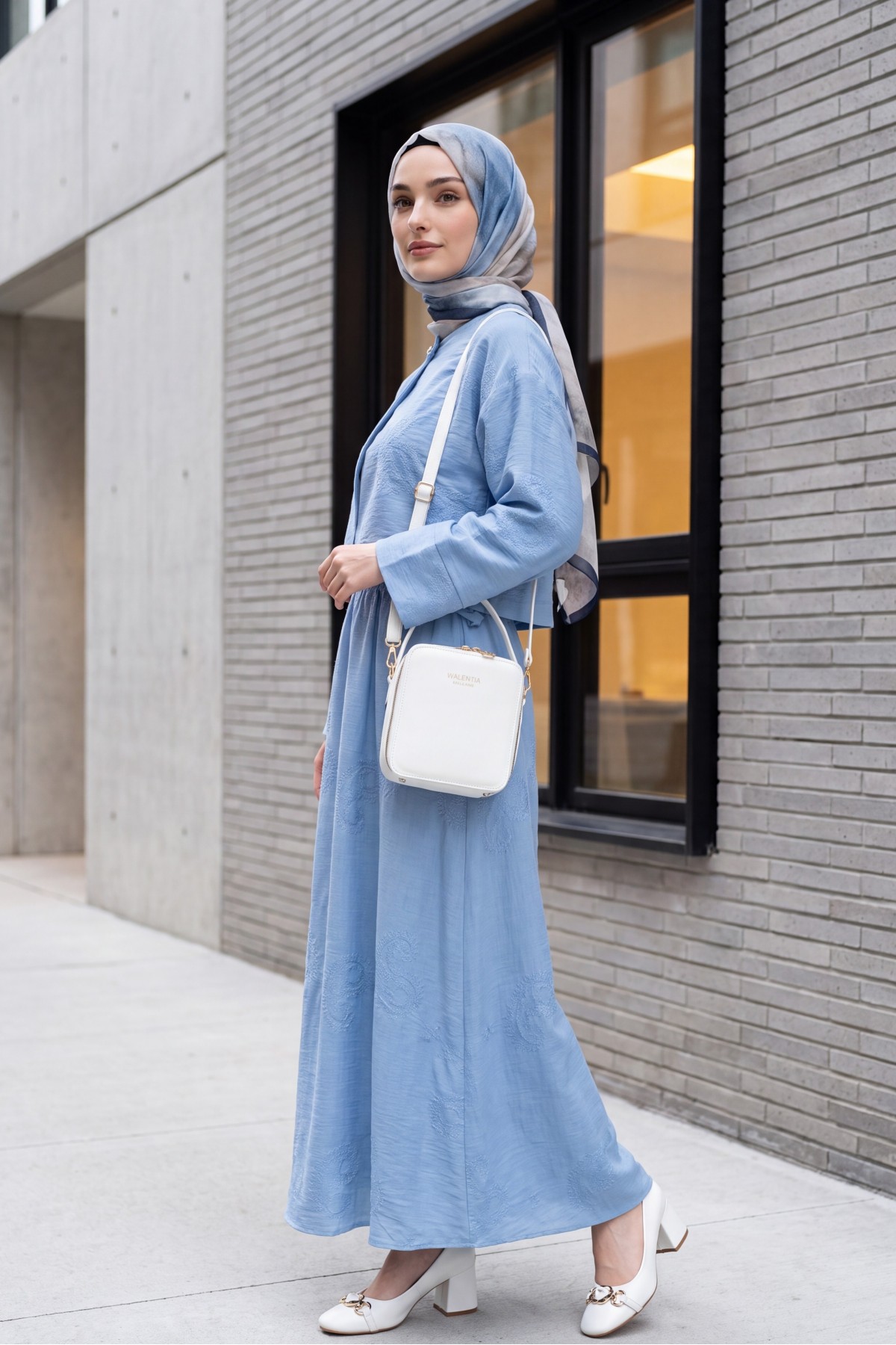 One-Button Embroidered Skirt Linen-Look Suit -Light blue