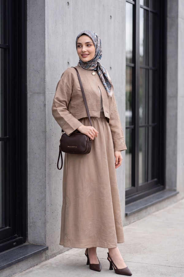 One-Button Embroidered Skirt Linen-Look Suit -Mink color