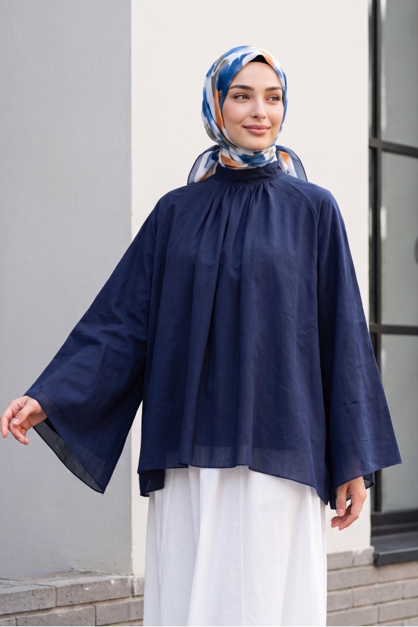 Mandarin Collar, Spanish Sleeve, Lined Voile Blouse  -Navy blue