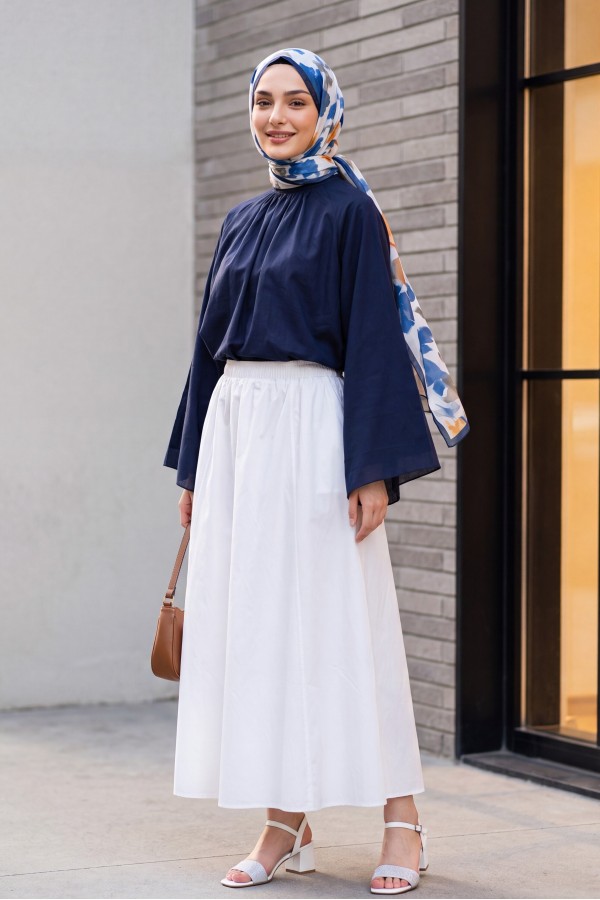 Mandarin Collar, Spanish Sleeve, Lined Voile Blouse  -Navy blue