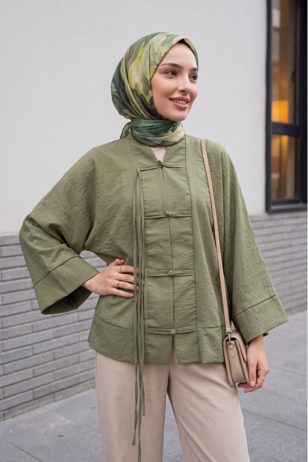 Chinese Knot Closure Mandarin Collar Parachute Kimono -Khaki