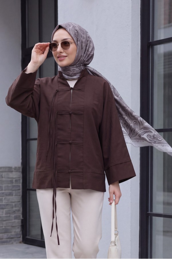 Chinese Knot Closure Mandarin Collar Parachute Kimono -Brown