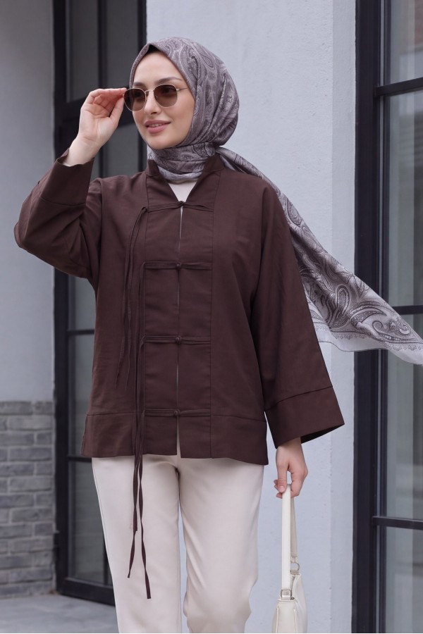Çin Düğümü Kapamalı Hakim Yaka Paraşüt Kimono -Kahverengi