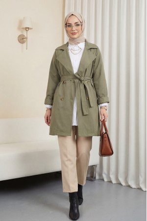Bolero Detaylı Düğmeli Ara Boy Trençkot -Haki