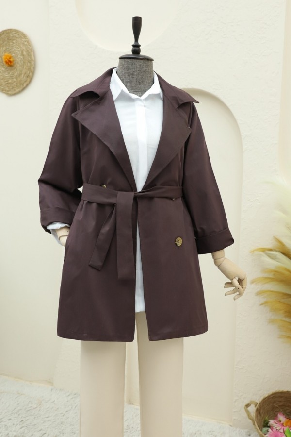 Bolero Detailed Buttoned Mid-length Trench Coat -Damson