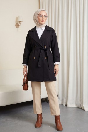 Bolero Detaylı Düğmeli Ara Boy Trençkot -Siyah
