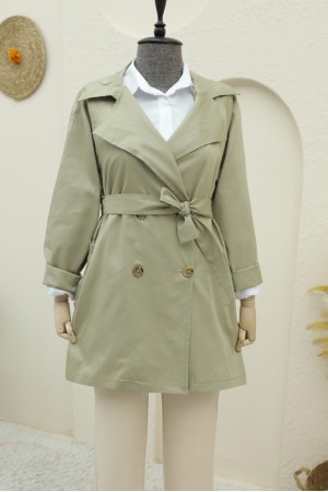 Bolero Detaylı Düğmeli Ara Boy Trençkot -Taş