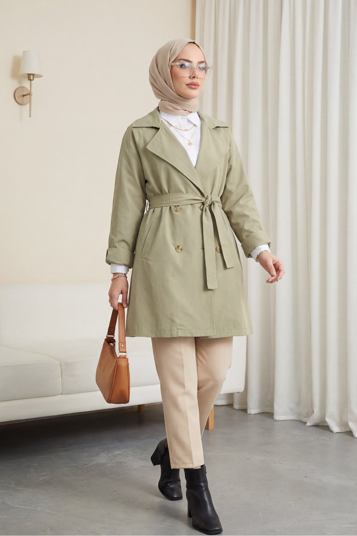 Bolero Detailed Buttoned Mid-length Trench Coat -Stone