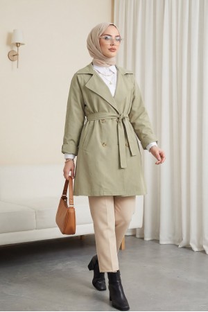 Bolero Detaylı Düğmeli Ara Boy Trençkot -Taş