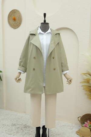 Bolero Detaylı Düğmeli Ara Boy Trençkot -Taş