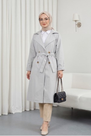 Bolero Detaylı Kemerli Araboy Trençkot -Açık Gri