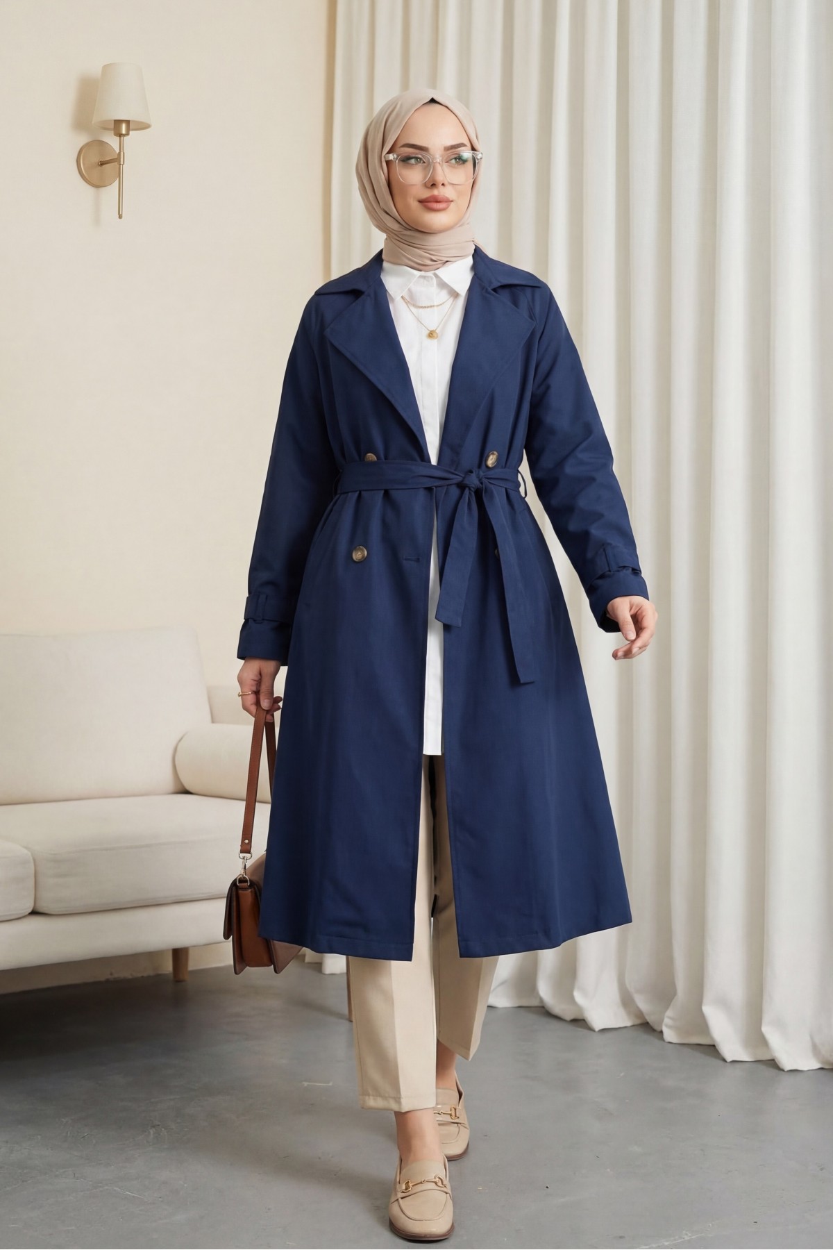 Bolero Detail Belted Trench Coat -Navy blue