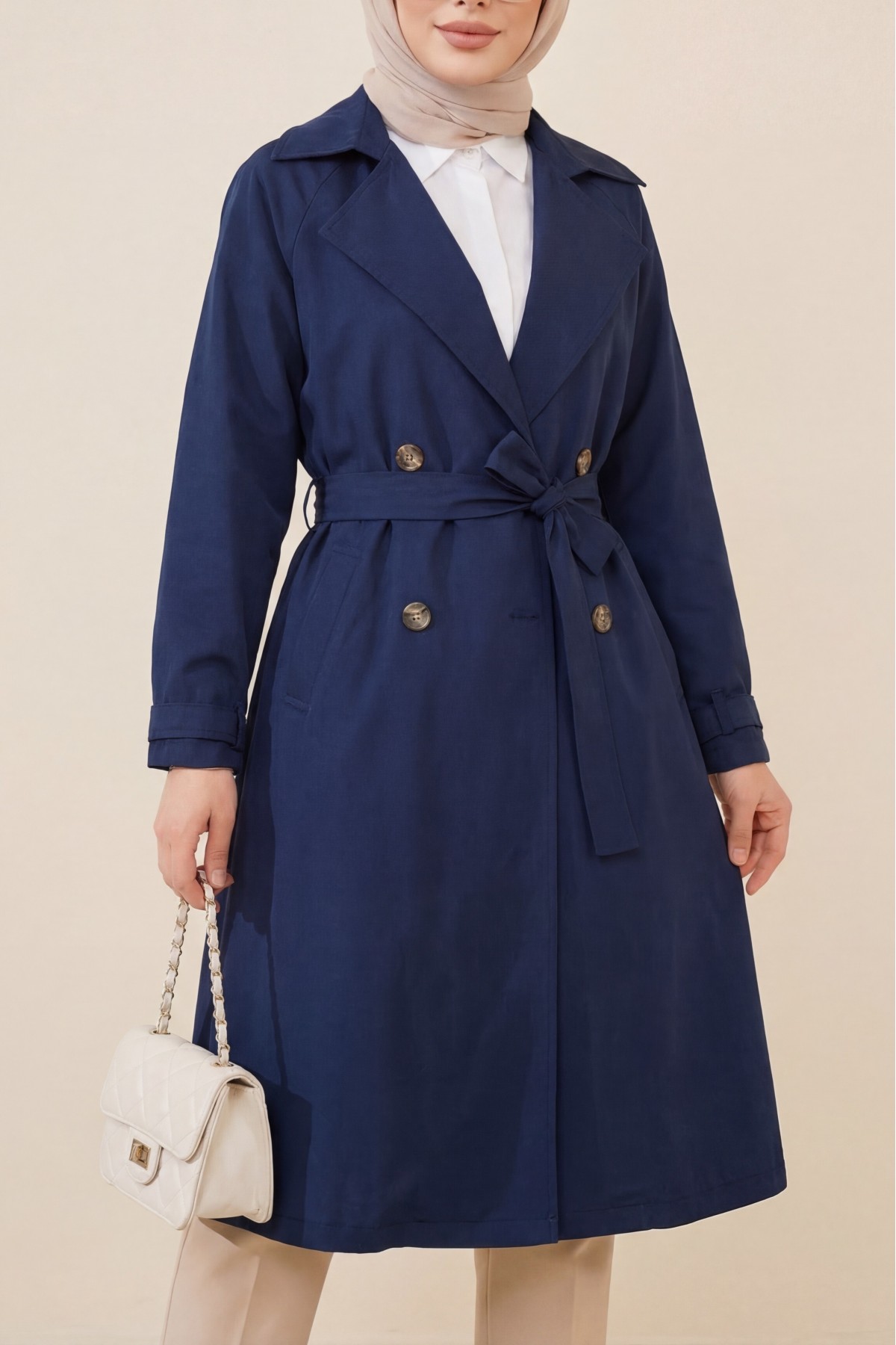 Bolero Detail Belted Trench Coat -Navy blue