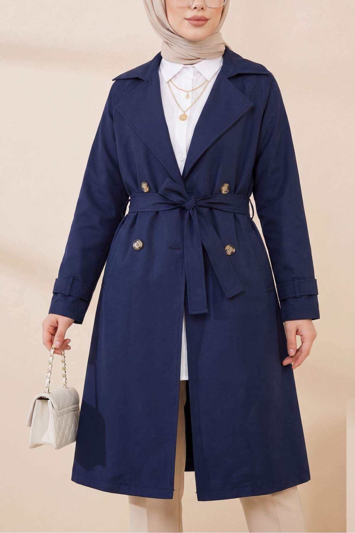 Bolero Detail Belted Trench Coat -Navy blue