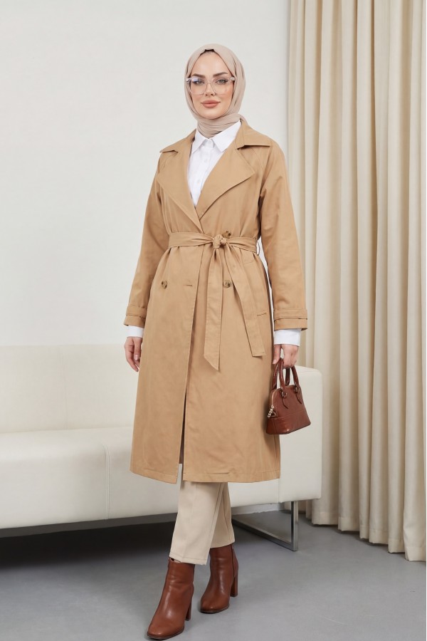 Bolero Detail Belted Trench Coat -Mink color