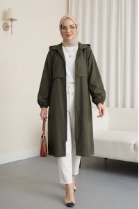 Boydan Fermuarlı Kapşonlu Uzun Yağmurluk -Haki